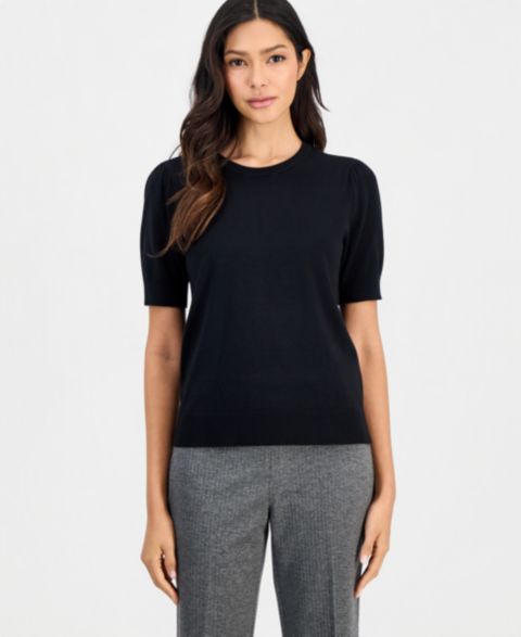 Женский свитер Anne Klein Essentials Petite Puff-Sleeve Crewneck, цвет: Чёрный