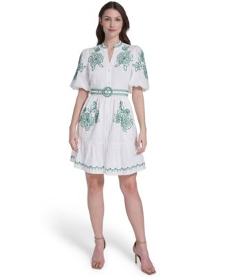 eliza j belted a line dress Eliza J Petite Embroidered Belted Dress - Ivory Green