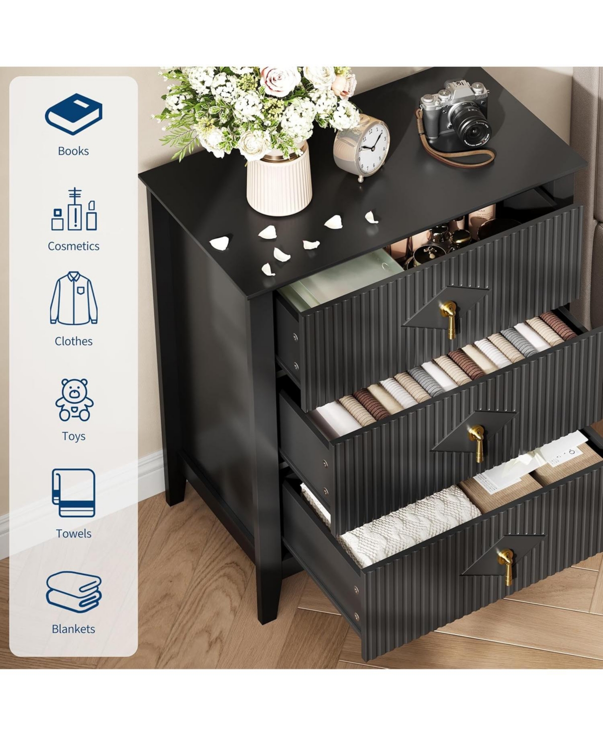 gaomon 27.5" Fluted 3 Drawer Dresser Set of 2, Modern Wood Chest with Metal Handles