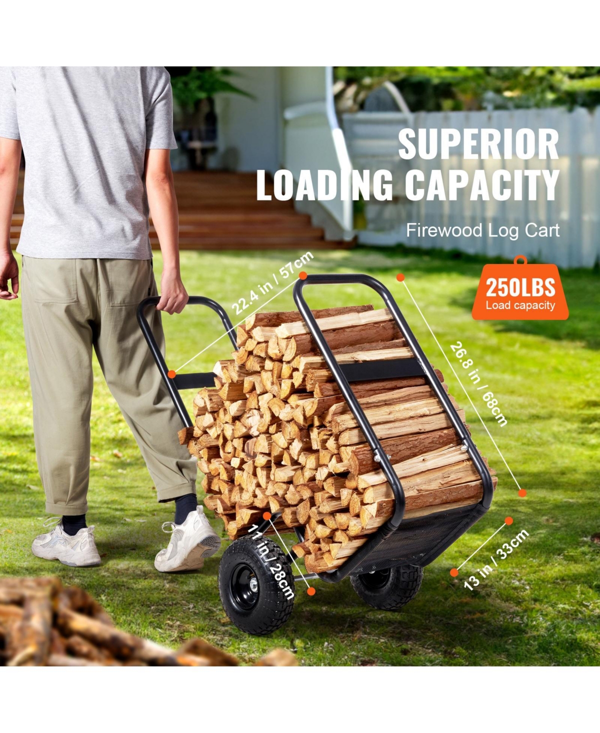 Cozito Firewood Log Cart, 250 lb Capacity Steel Dolly with Pneumatic Rubber Wheels