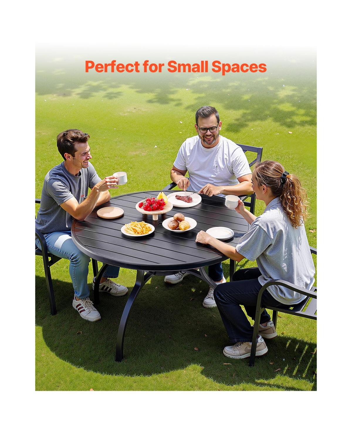 Cozito Outdoor Patio Dining Table, 47 inches Round Steel Slat Table with Umbrella Hole