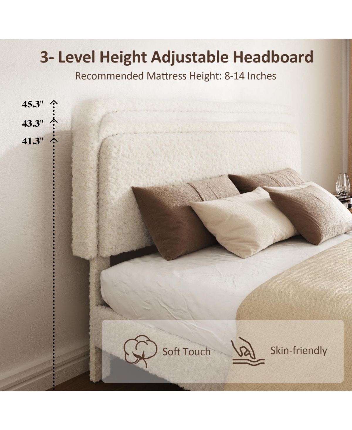 Rainsken Platform Bed Frame, with Height-Adjustable Headboard, Quiet Design, Upholstered Teddy fabric