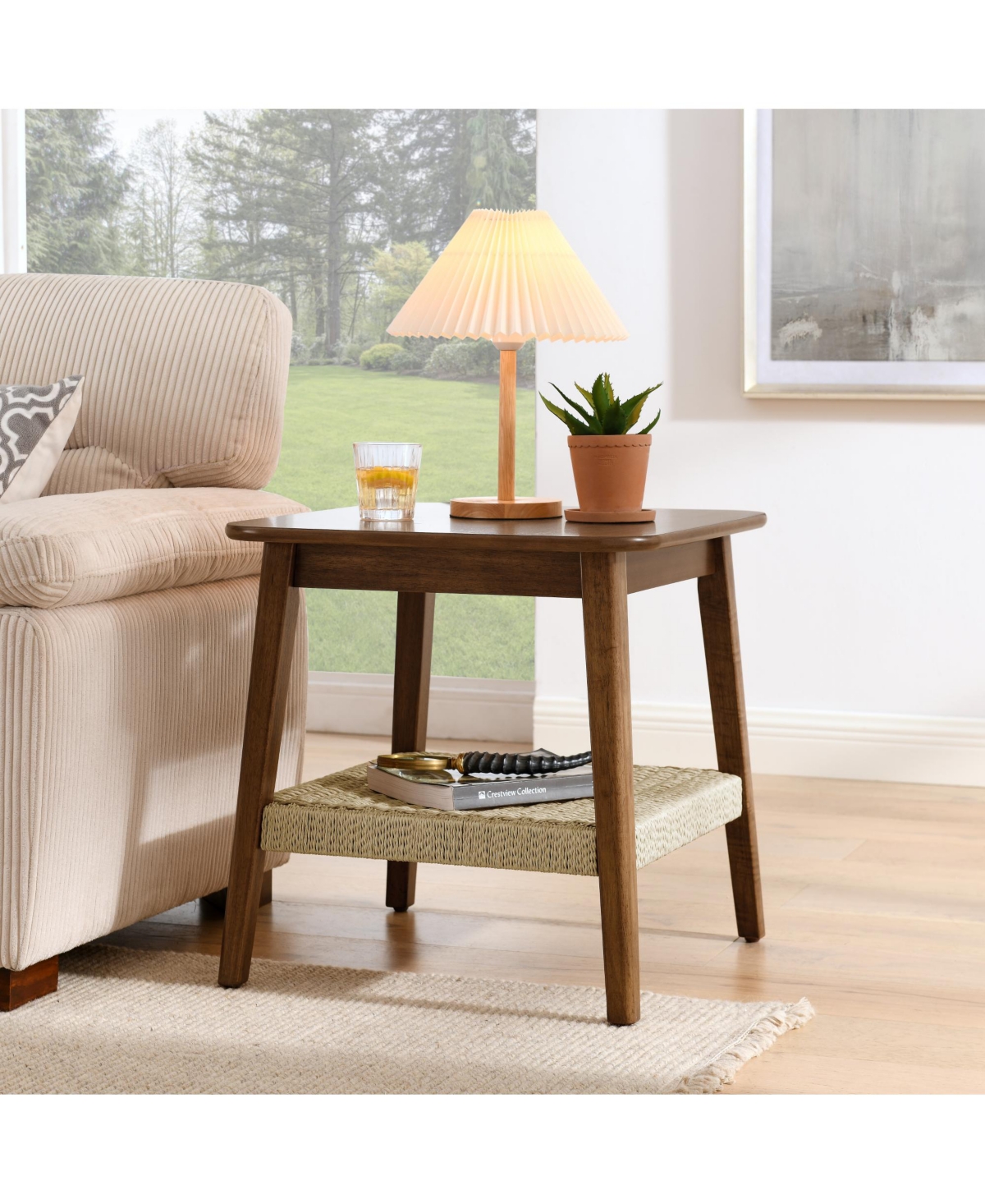 Rainsken 23" Square Wooden End Table with Woven Storage Shelf, Mid-Century Bedside Table, Nightstand for Living Room, Bedroom