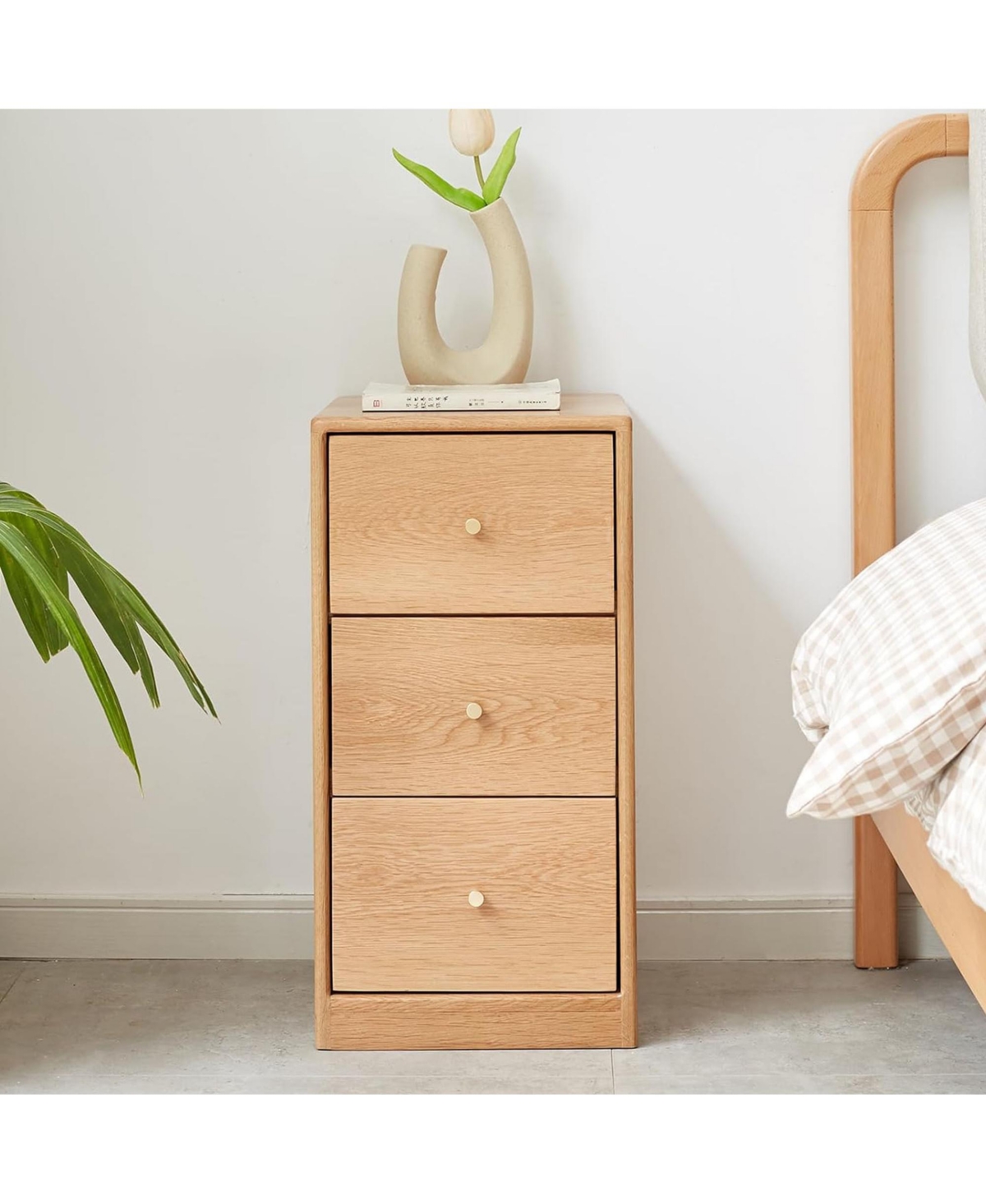 Rainsken Solid Oak Nightstand, Narrow 3-Drawer Cabinet, Freestanding Bedside Table, End Table, Storage Cabinet for Living Room, Bedroom