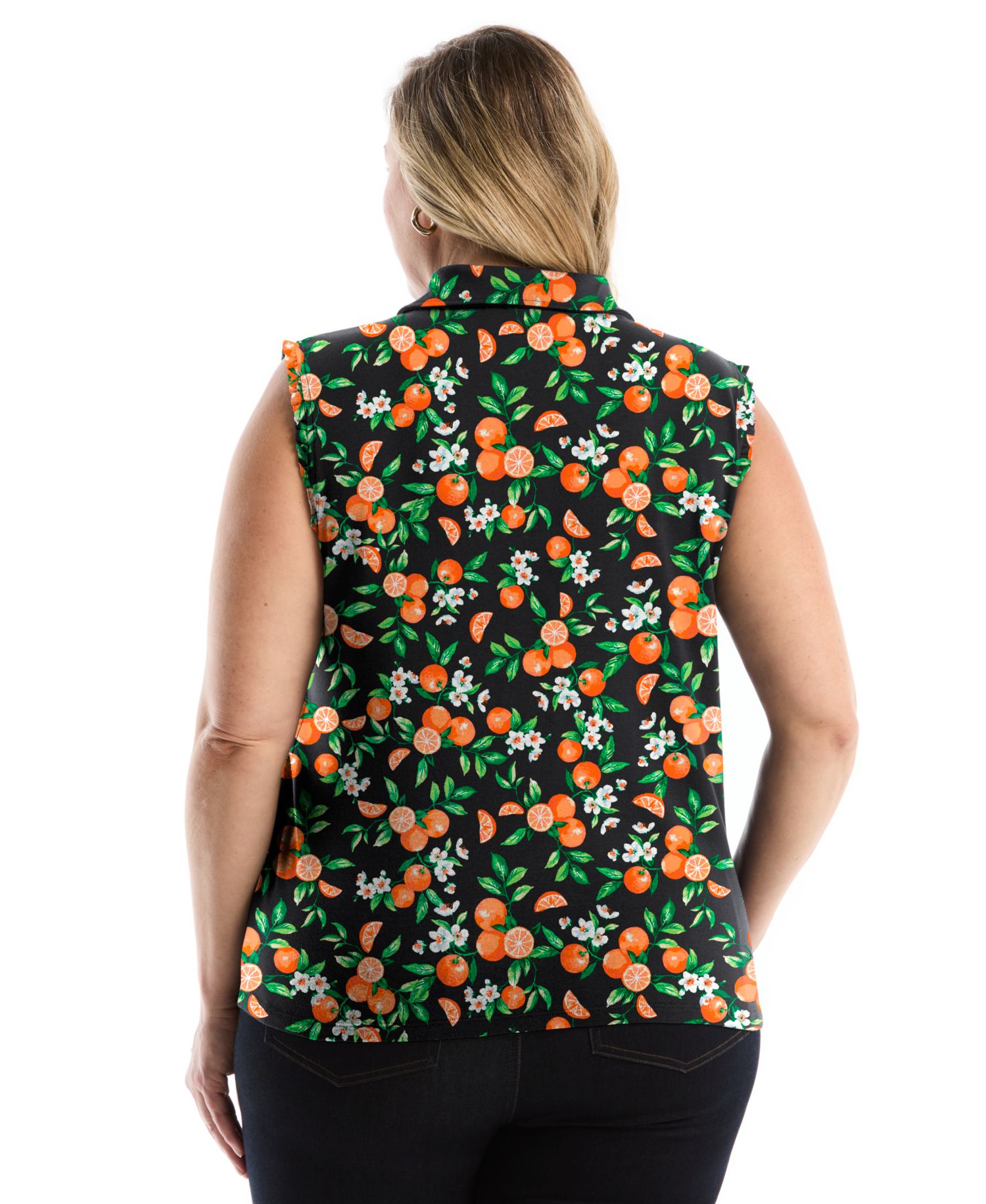 Plus Size Orange Print Ruffle Trim Sleeveless Polo Shirt