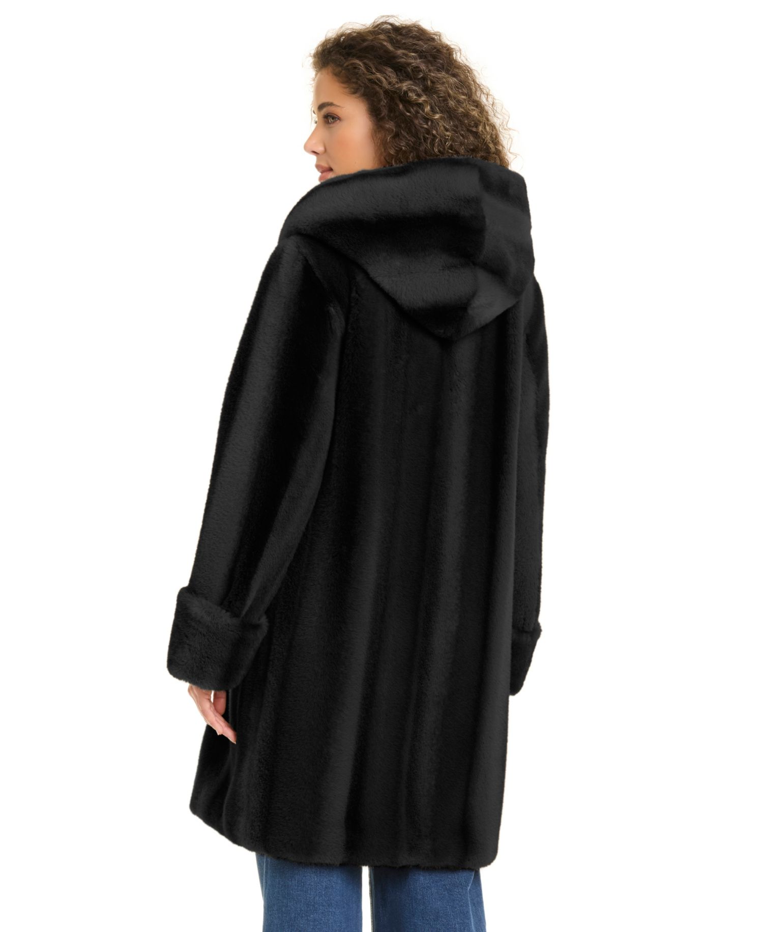 Petite Hooded Faux-Fur Polyester Mid-Length Coat, Created for Macy's