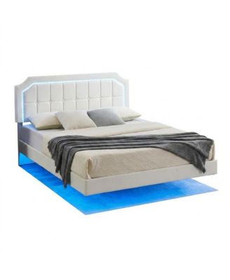 Floating Upholstered Bed Frame with LED Headboard, Adjustable Height, Metal Slat Support, Box Spring Not Required