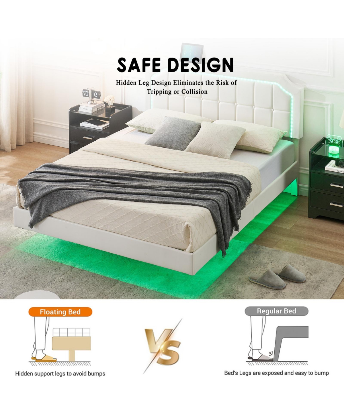 homfan Floating Upholstered Bed Frame with Led Headboard, Adjustable Height, Metal Slat Support, Box Spring Not Required