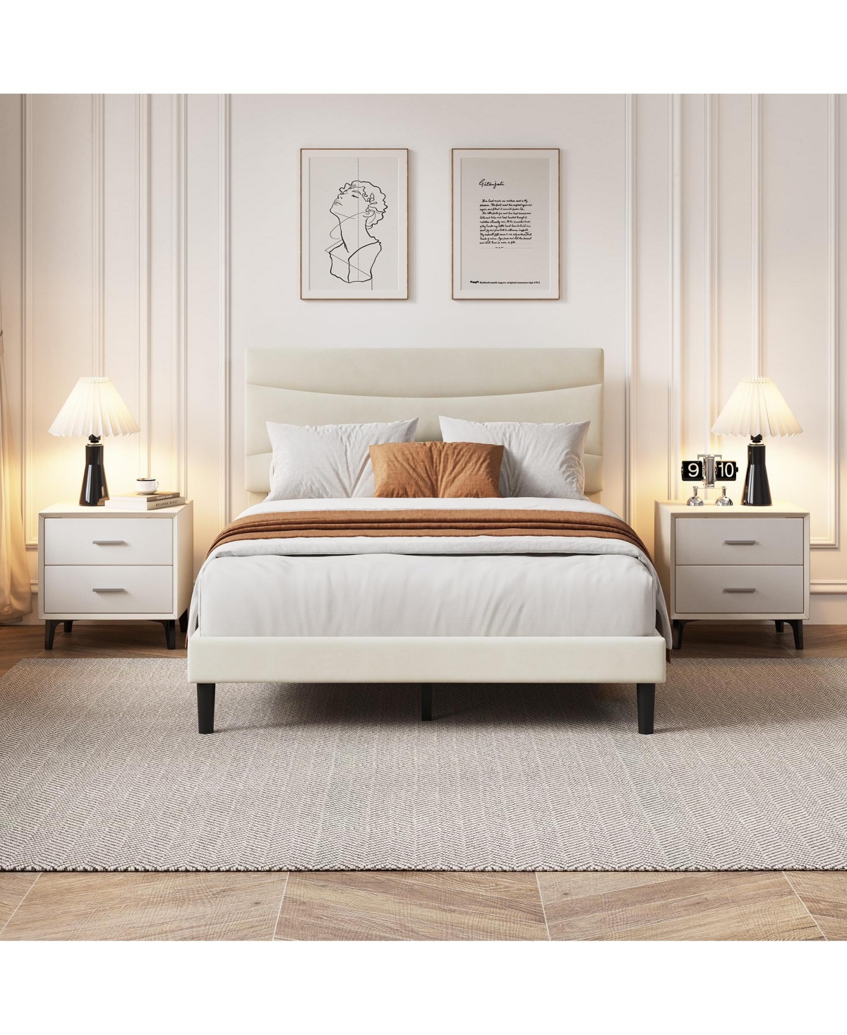 homfan Upholstered Platform Bed Frame with Curved Headboard, Wood Slat Support, Underbed Storage