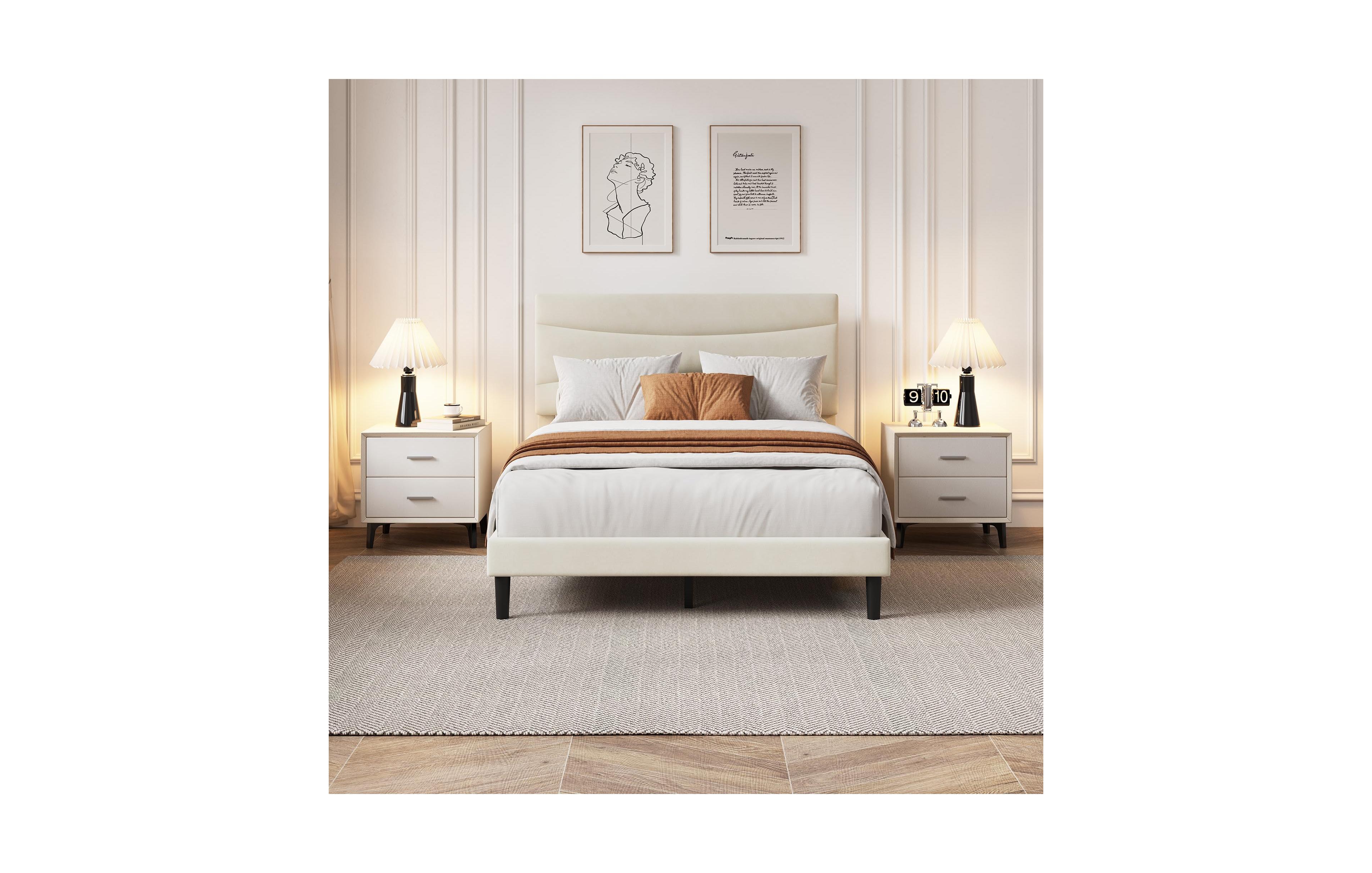 homfan Upholstered Platform Bed Frame with Curved Headboard, Wood Slat Support, Underbed Storage