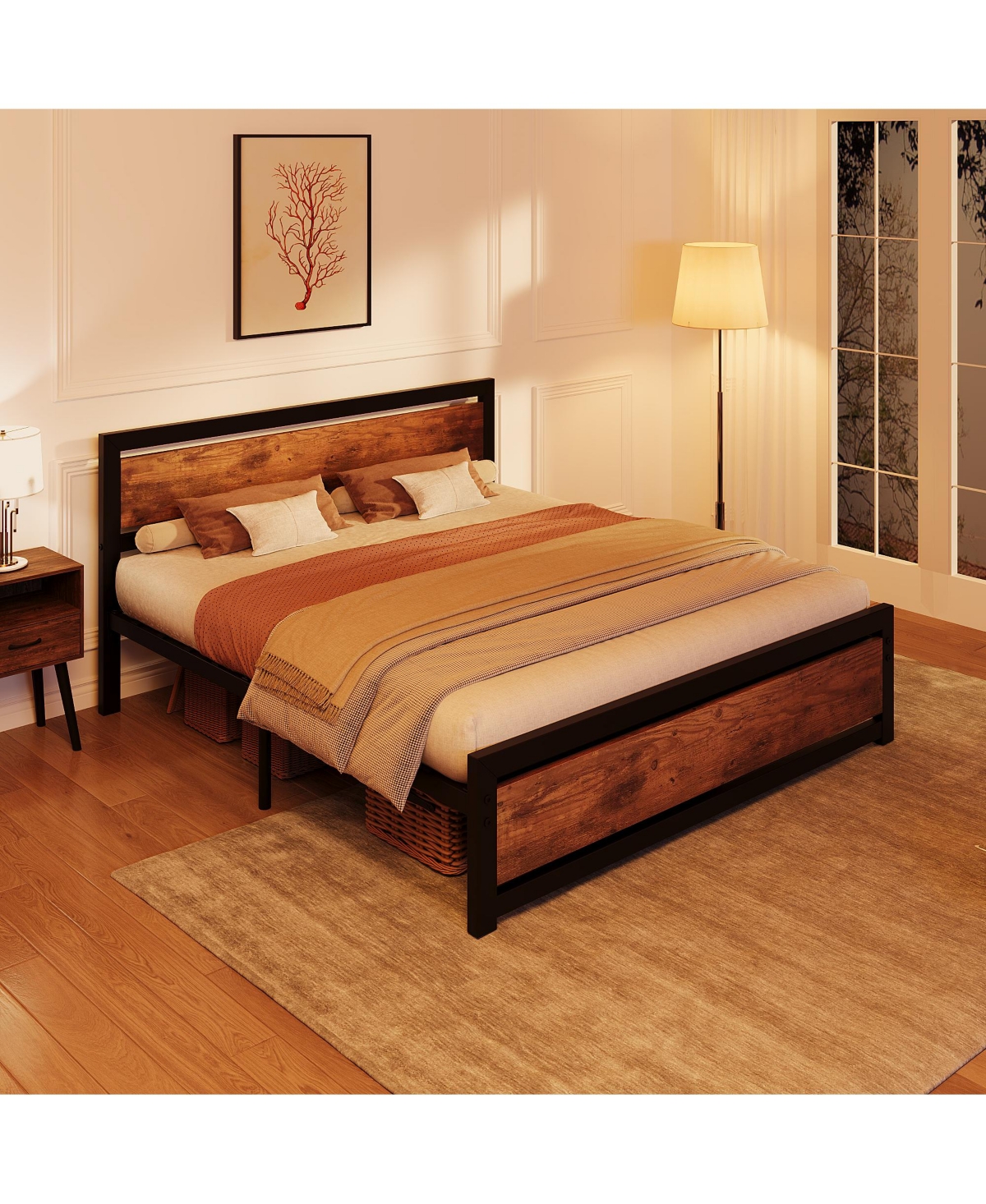 homfan Industrial Platform Bed Frame with Wooden Headboard and Footboard, 13.8 Inch Underbed Space, No Box Spring Needed