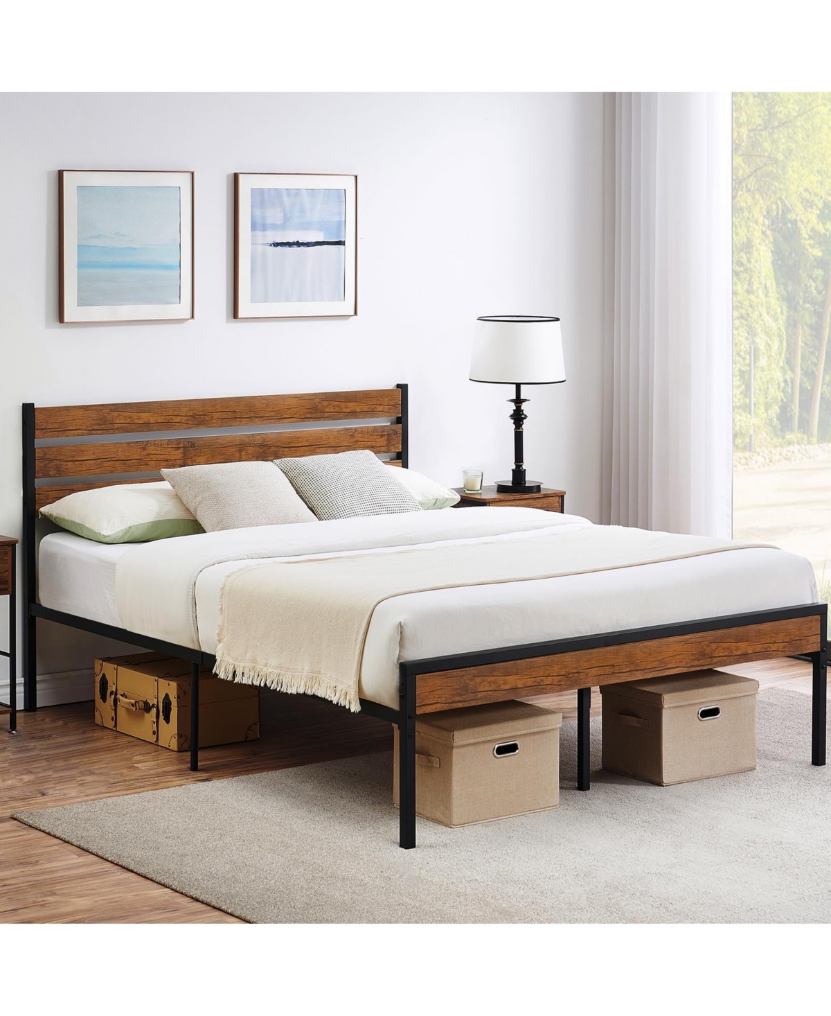 homfan Platform Bed Frame with Wooden Headboard and Footboard, Metal Slat Support, Underbed Storage, Quiet Design, No Box Spring Needed