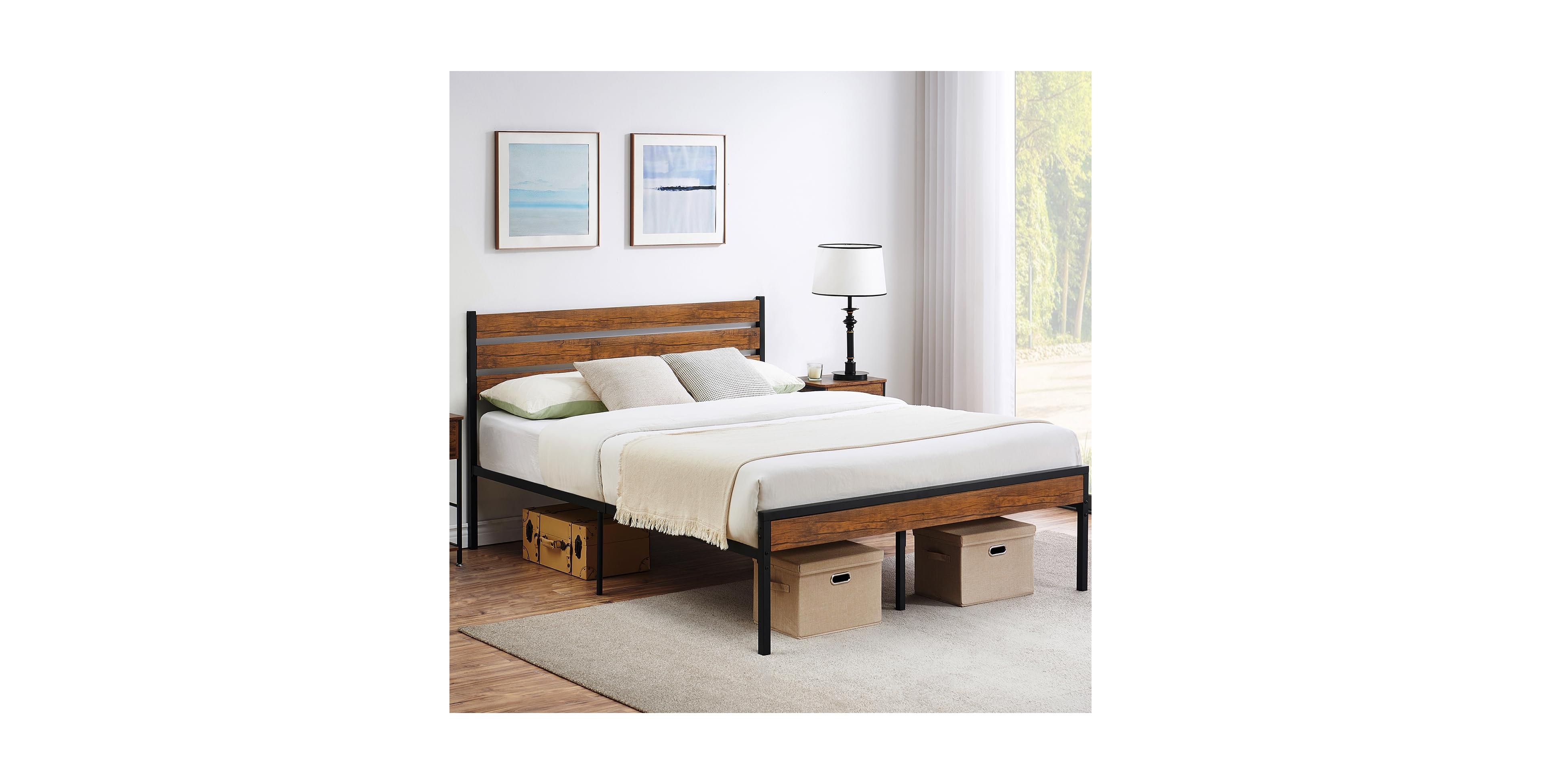 homfan Platform Bed Frame with Wooden Headboard and Footboard, Metal Slat Support, Underbed Storage, Quiet Design, No Box Spring Needed