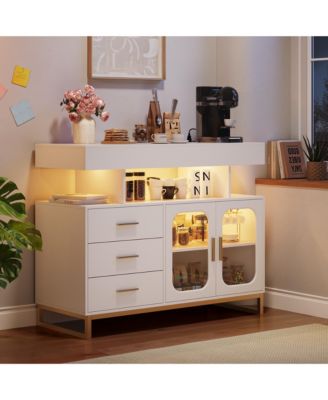 Modern Led Sideboard Cabinet with RGB Lighting, Charging Station, 3 Drawers, 2 Doors, And Spacious Storage for Dining or Living Areas.