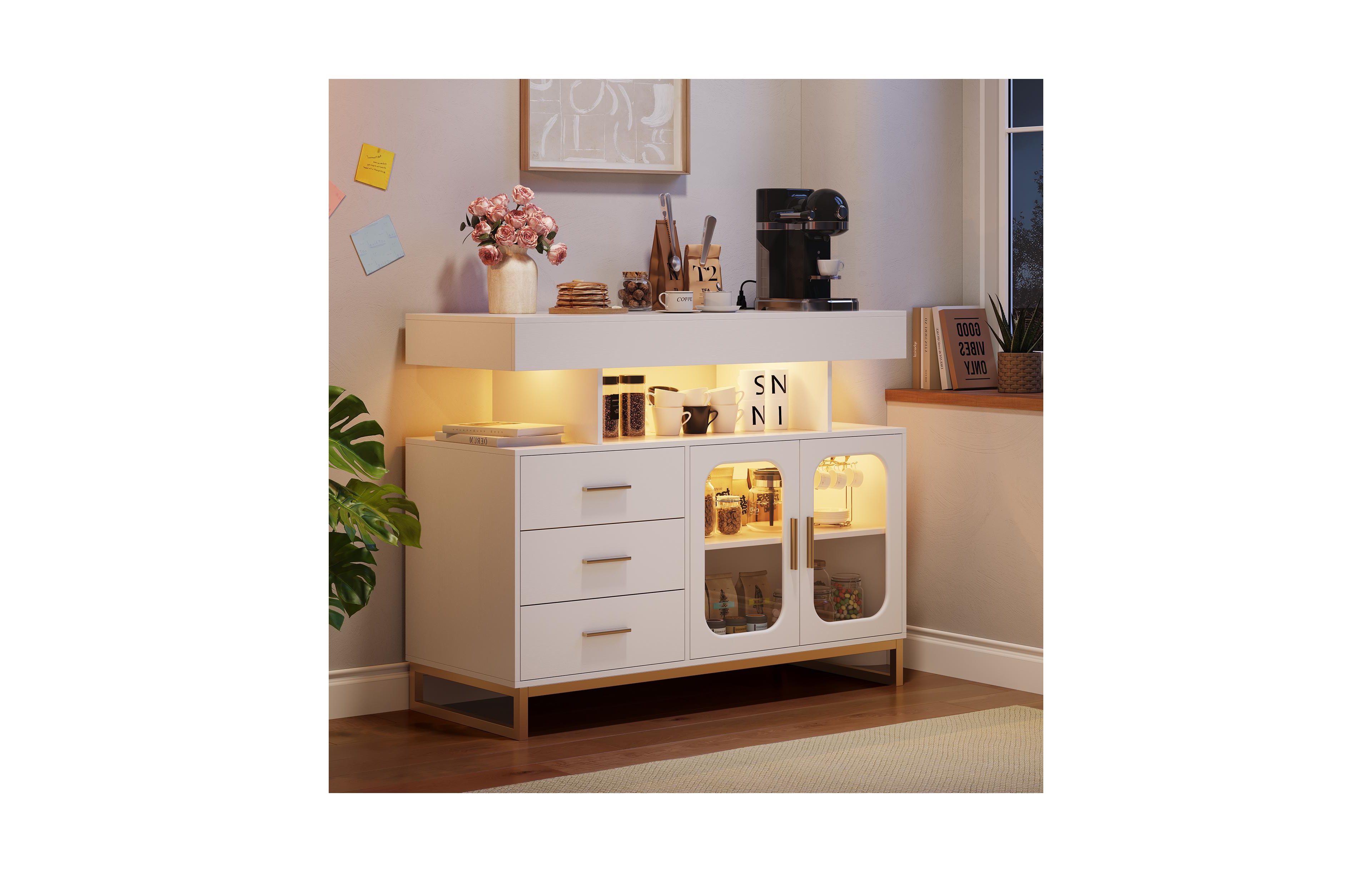 homfan Modern Led Sideboard Cabinet with Rgb Lighting, Charging Station, 3 Drawers, 2 Doors, And Spacious Storage for Dining or Living Areas.