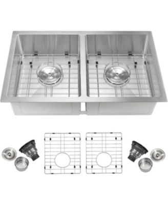 Undermount Double Bowl Kitchen Sink 16 Gauge 304 Stainless Steel Flat Bottom 10 In Deep with Grid and Drain Kit