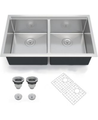 Undermount Double Bowl Kitchen Sink 10 In Deep 16 Gauge 304 Stainless Steel Workstation Sink with Bottom Grid and Drain