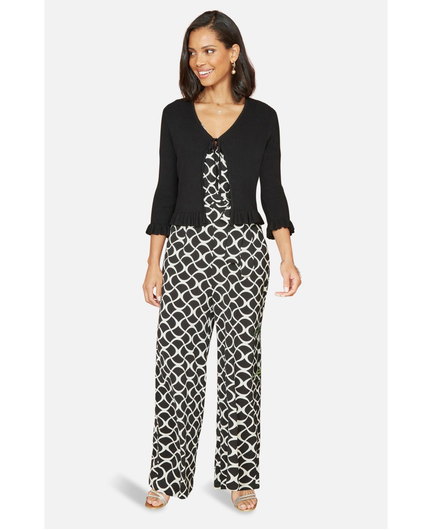 Women's Tie Front Frilled Hem Ribbed Cardigan