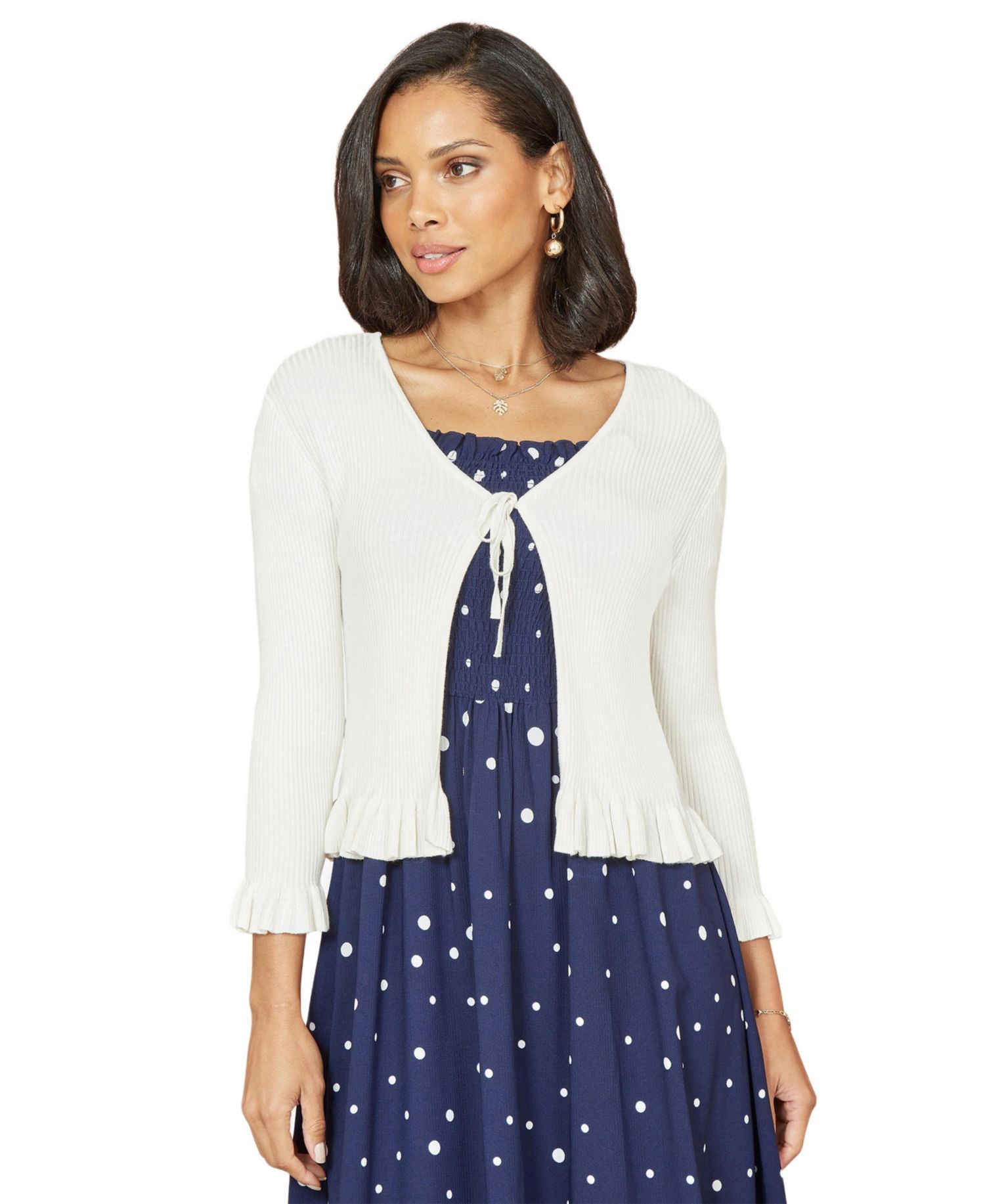 Women's Tie Front Frilled Hem Ribbed Cardigan