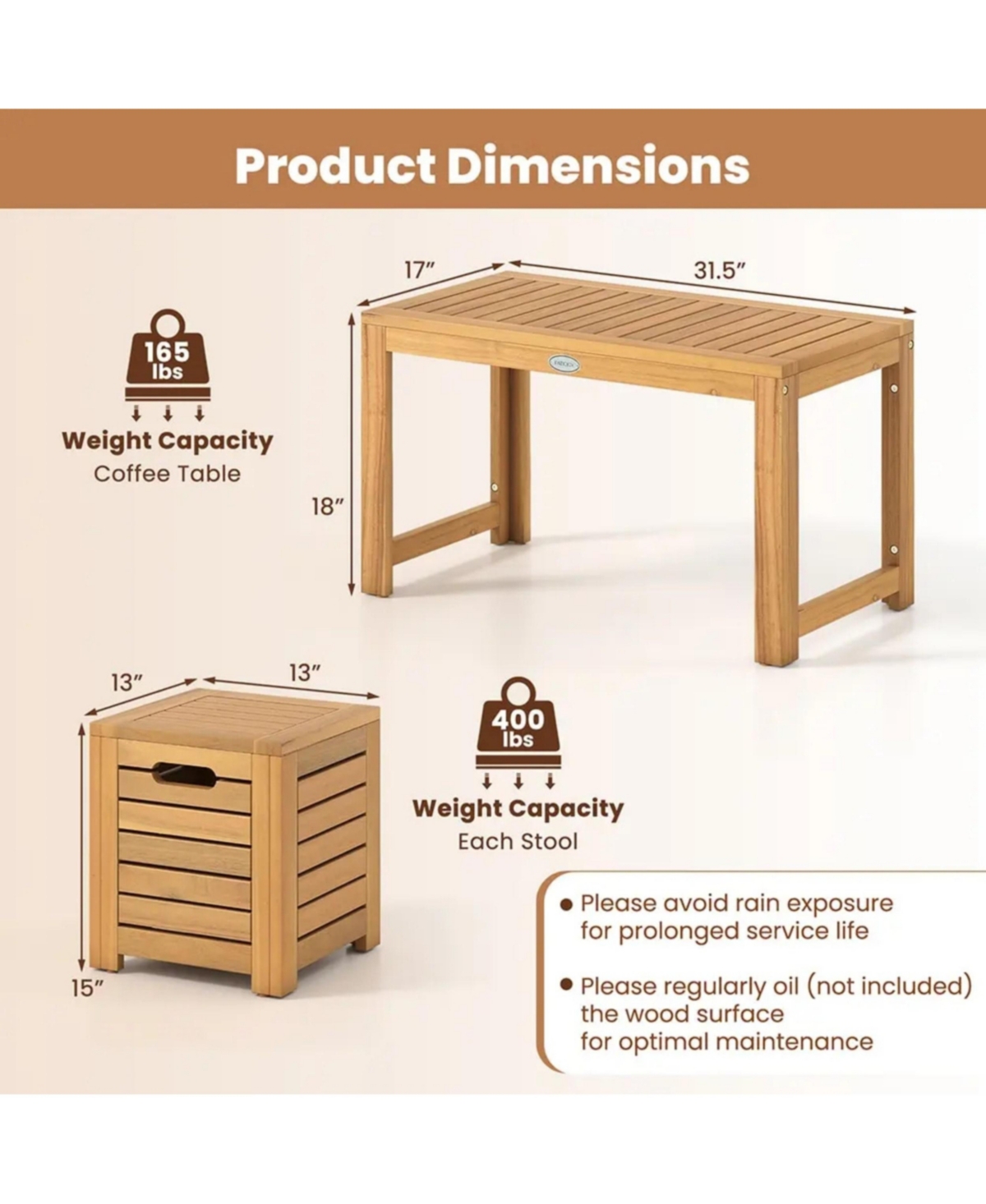 Yiortwo 3-Piece Acacia Wood Patio Coffee Table Set with Storage Stools