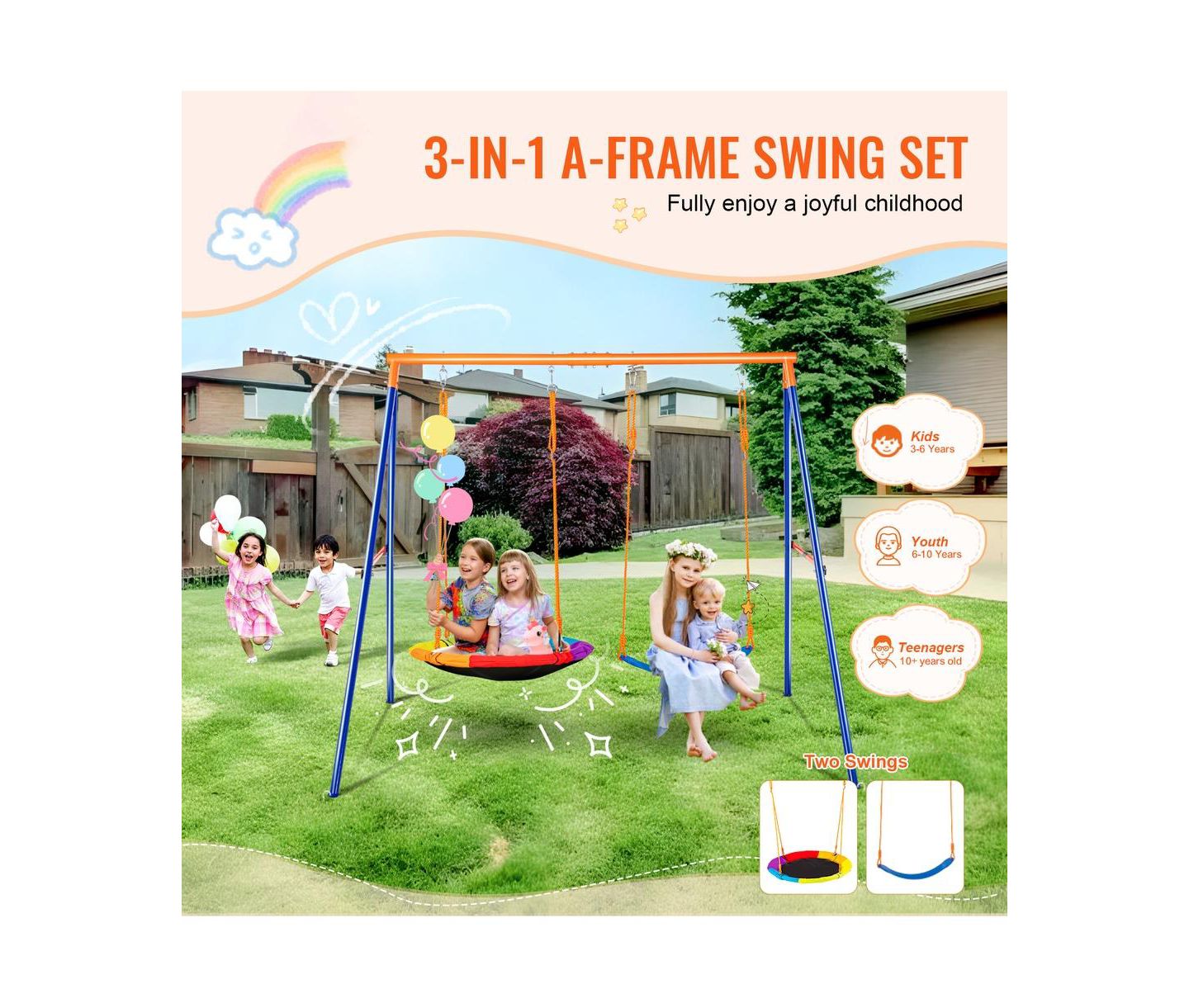 Детские игрушки SUGIFT Backyard A-Frame Swing Set with Saucer and Belt Seats 440 lb Capacity, цвет: Синий — фото 4