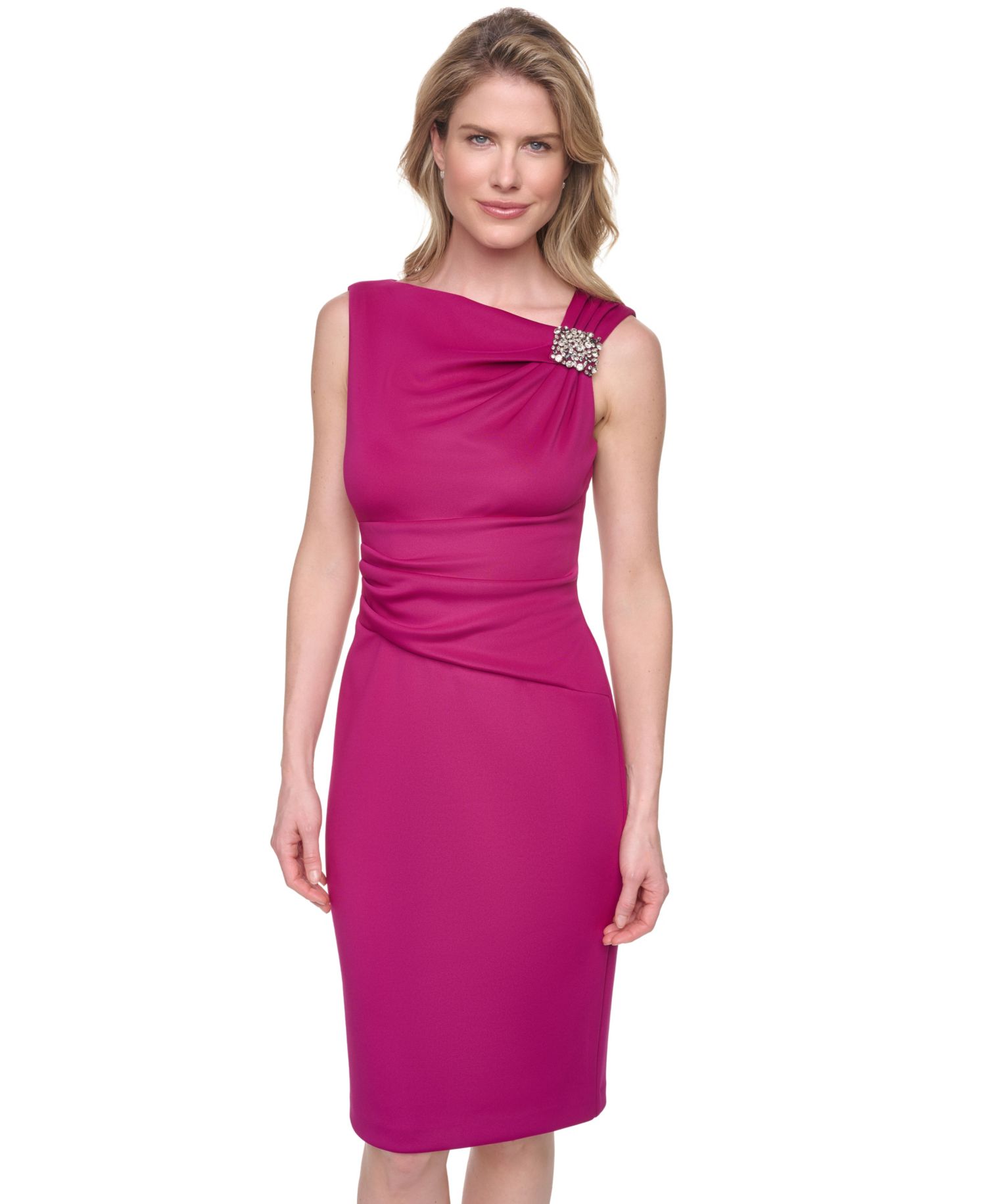 Sleeveless Asymmetrical Neck Cocktail Dress with Tucks