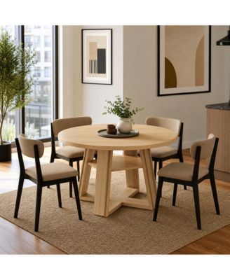  Round Dining Table for 2-4, Pedestal Base with Storage Shelf, Space-Saving for Apartment