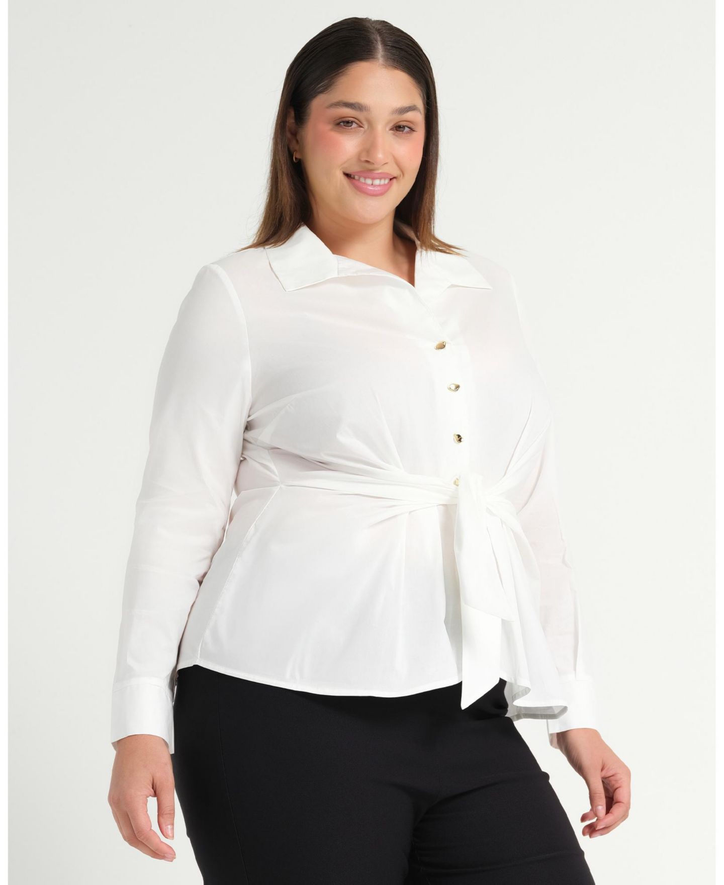 Женская рубашка ESTELLE Plus Size Leo Collared V-Neck Button Tie-Front, цвет: Молочный — фото 2