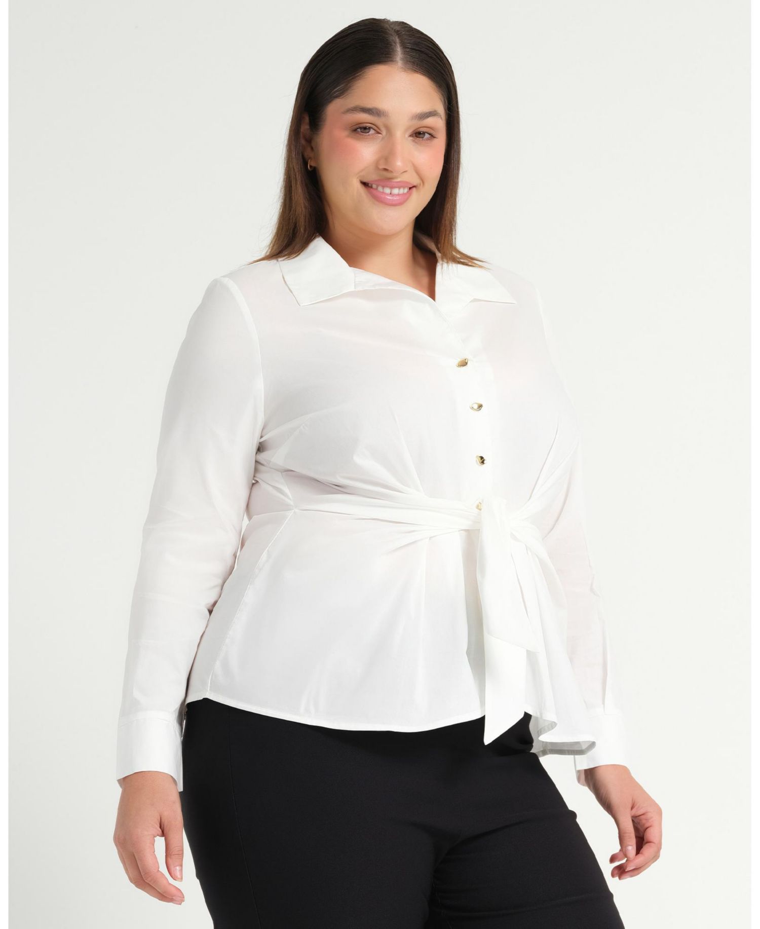 Plus Size Leo Collared V-Neck Button Tie-Front Shirt
