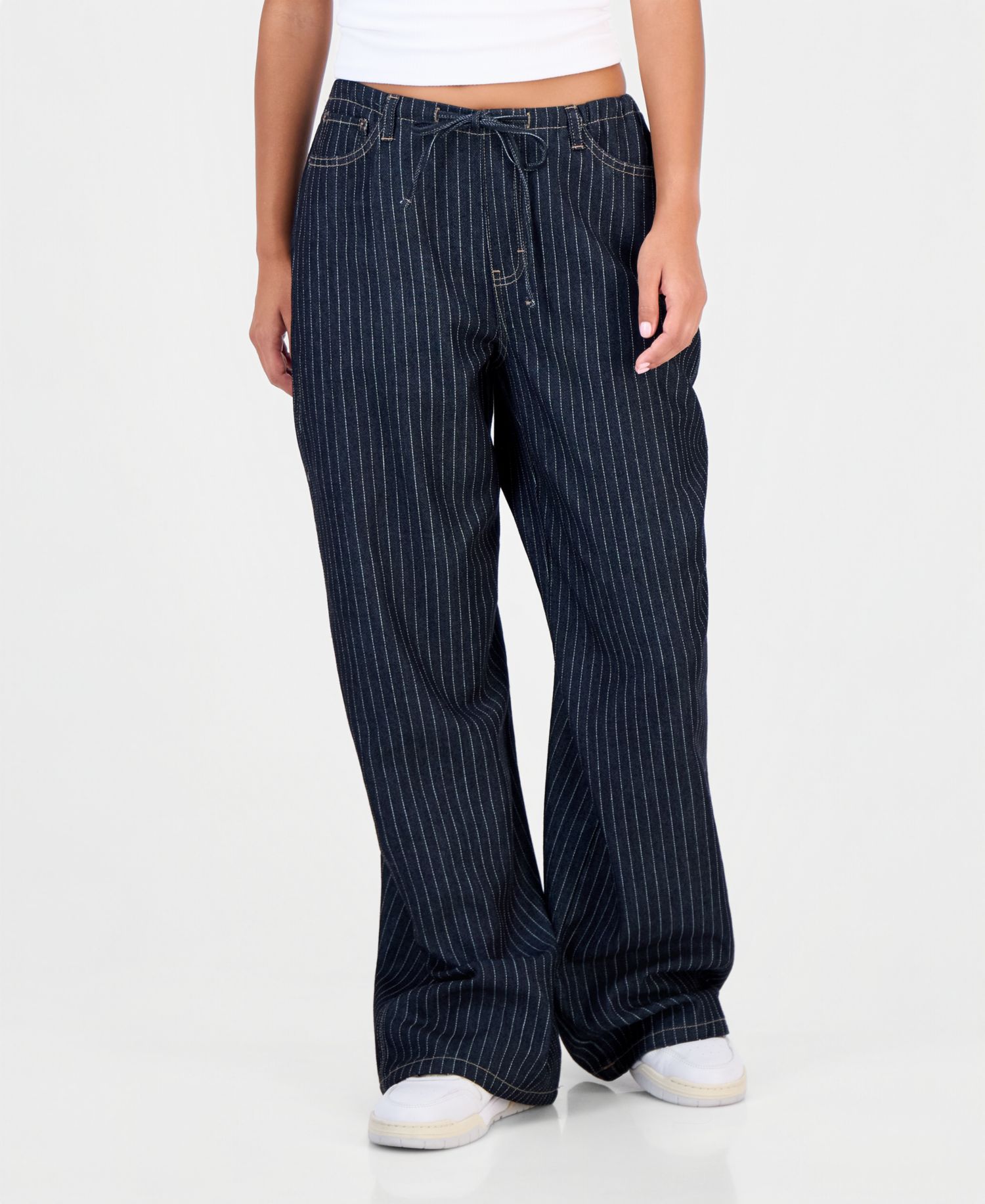 Juniors' Striped Wide-Leg Pull-On Jeans