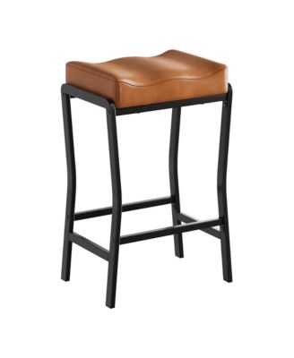 Counter Height Barstool with Thick Faux Leather Seat, Metal Frame and Footrest - Modern Saddle Stool for Kitchen Island, Dining Room
