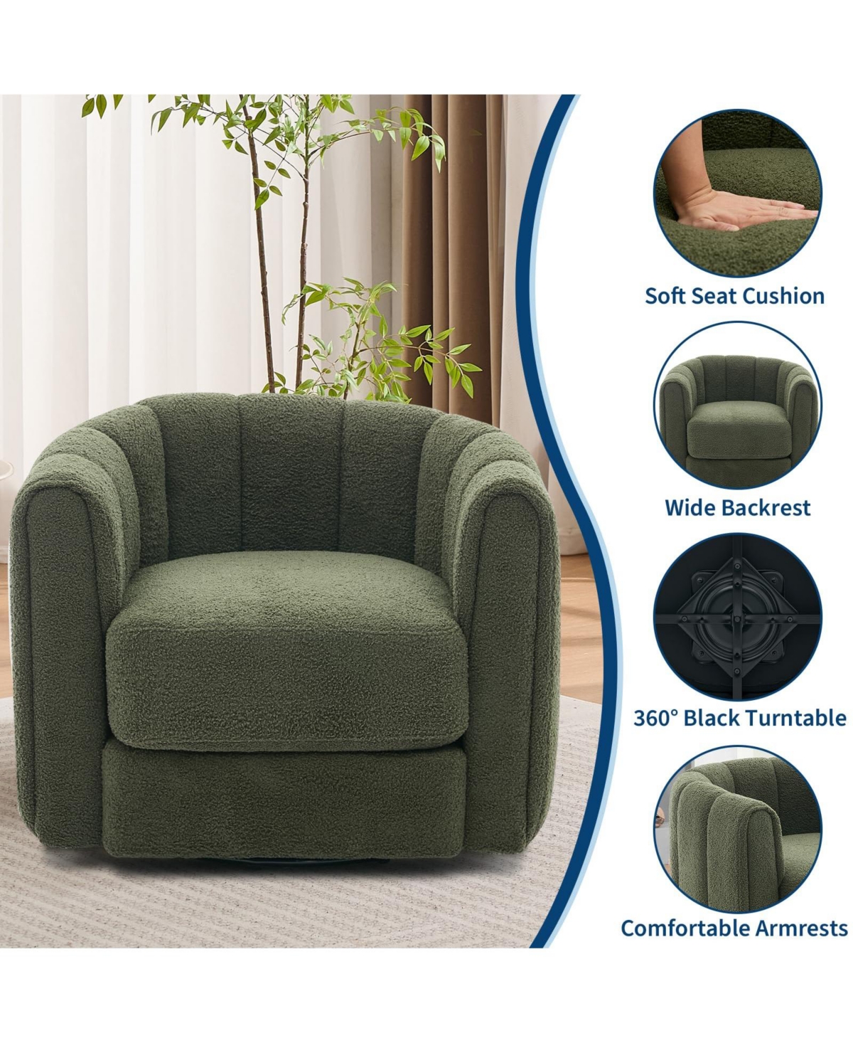 homfan Modern Swivel Barrel Accent Chair Soft Upholstery 360 degrees Rotating Striped Backrest Lounge Chair for Living Room