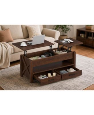 Lift-Top Coffee Table with 2 Drawers, Hidden Compartment and Open Shelf, Convertible Living Room Center Table, Engineered Wood