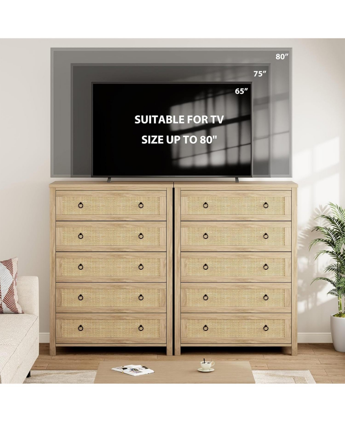 homfan 5 Drawer Tall Dresser, 45 in Rattan Dresser, Boho Chest of Drawers, Wooden Chest with Clothes Storage Cabinet