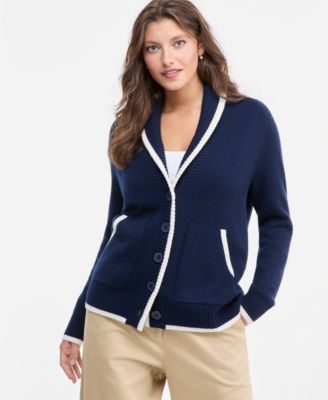 Women's 100% Cashmere Tipped Shawl-Collar Boyfriend Cardigan