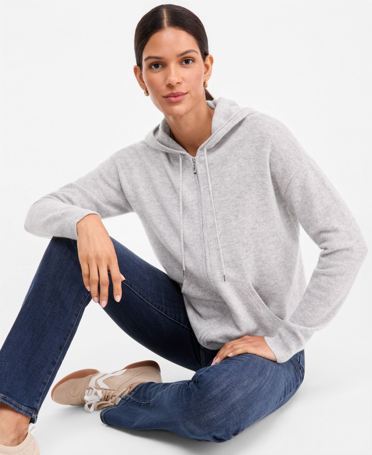 Petite Cashmere Long-Sleeve Zip-Front Hoodie