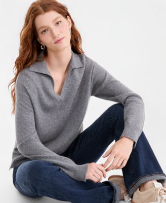 Women's Johnny-Collar 100% Cashmere Long-Sleeve Sweater