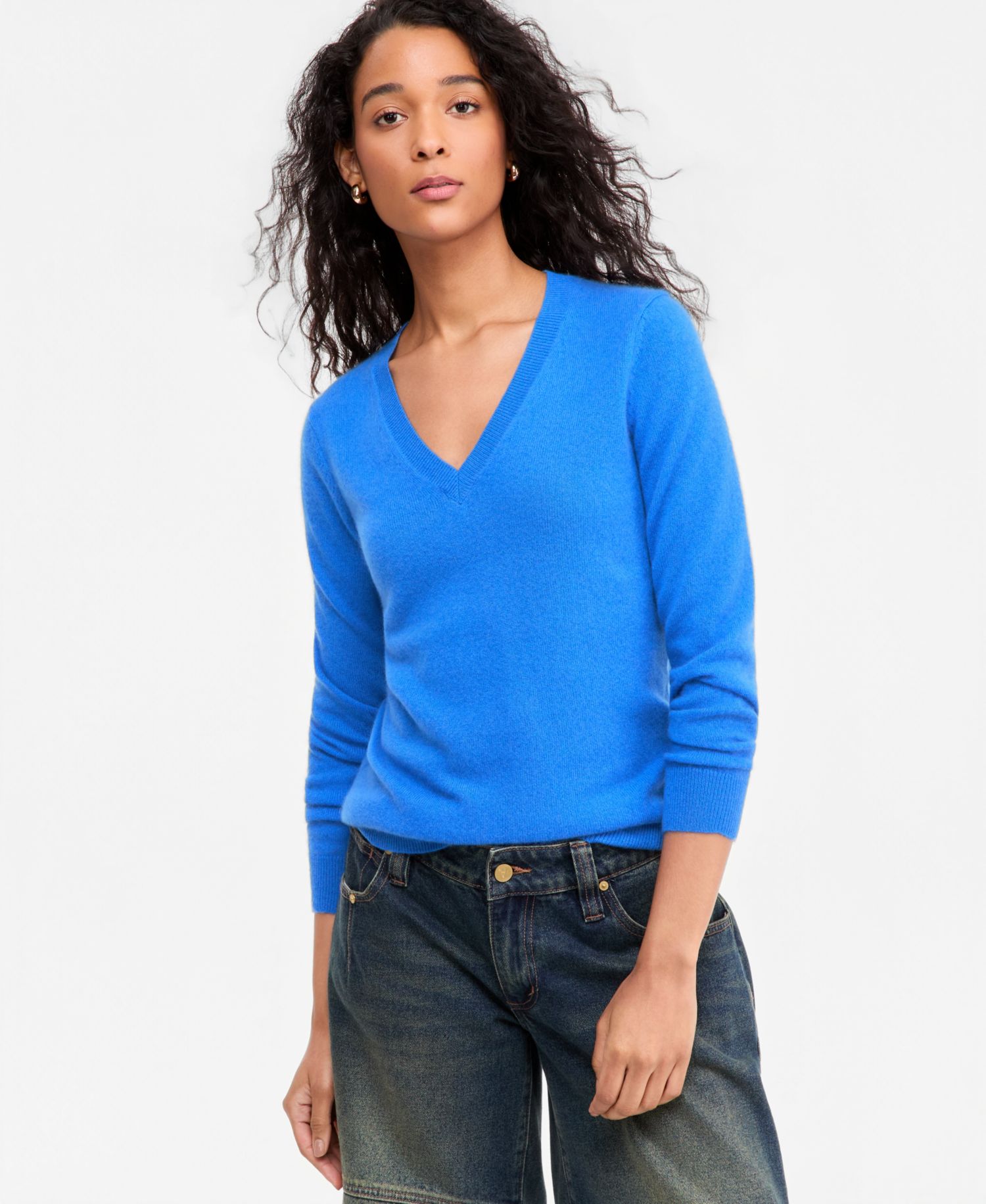 100% Cashmere Petite V-Neck Long-Sleeve Sweater