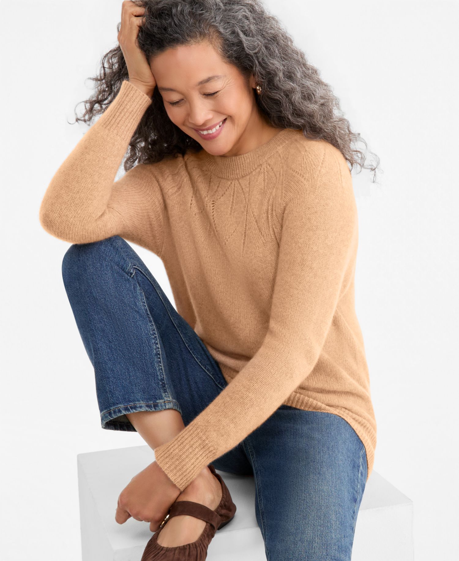 Women's Placed-Pointelle Crewneck 100% Cashmere Sweater