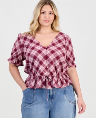 Trendy Plus Size V-Neck Button-Front Cotton Peplum Top