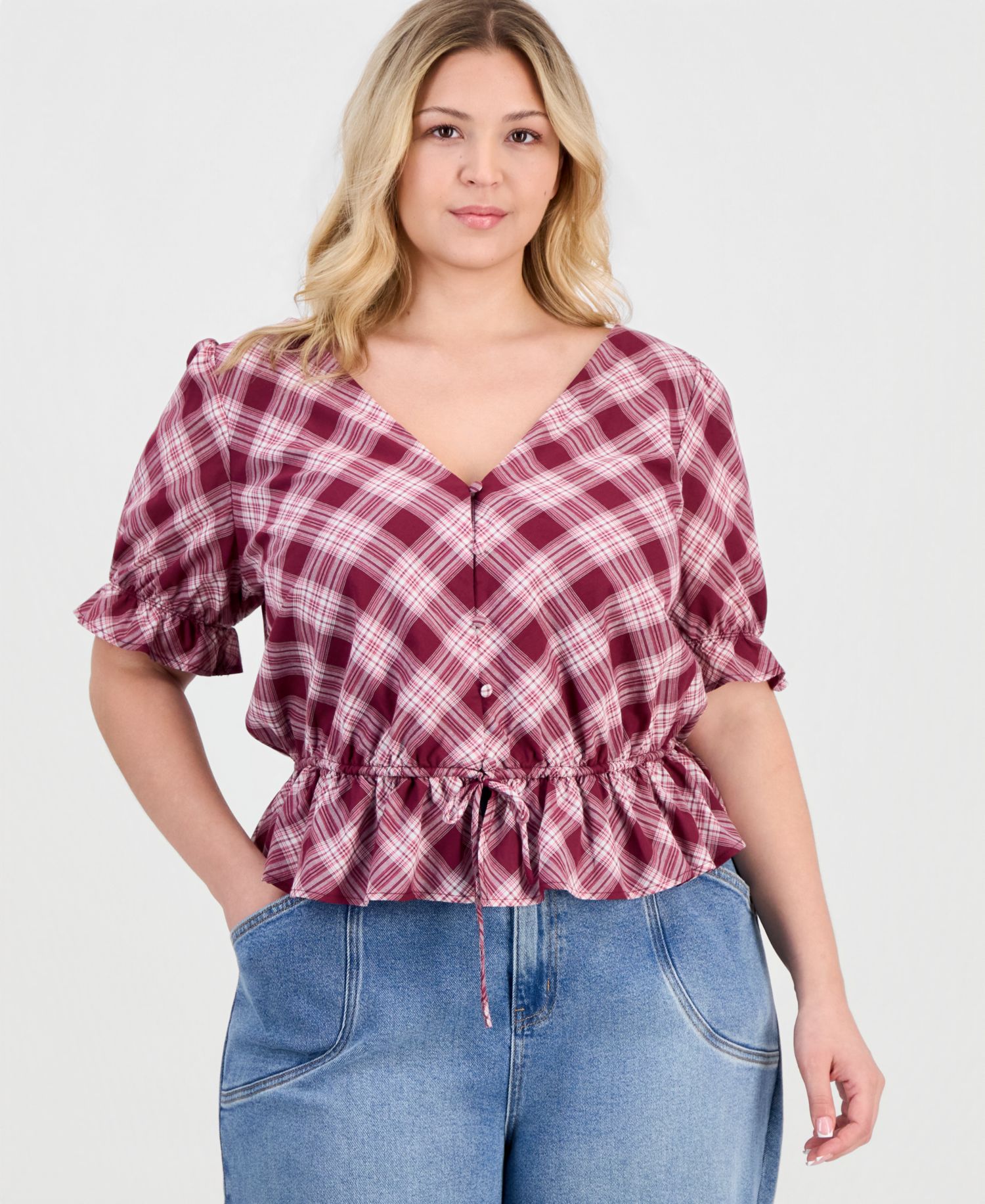 Trendy Plus Size V-Neck Button-Front Cotton Peplum Top