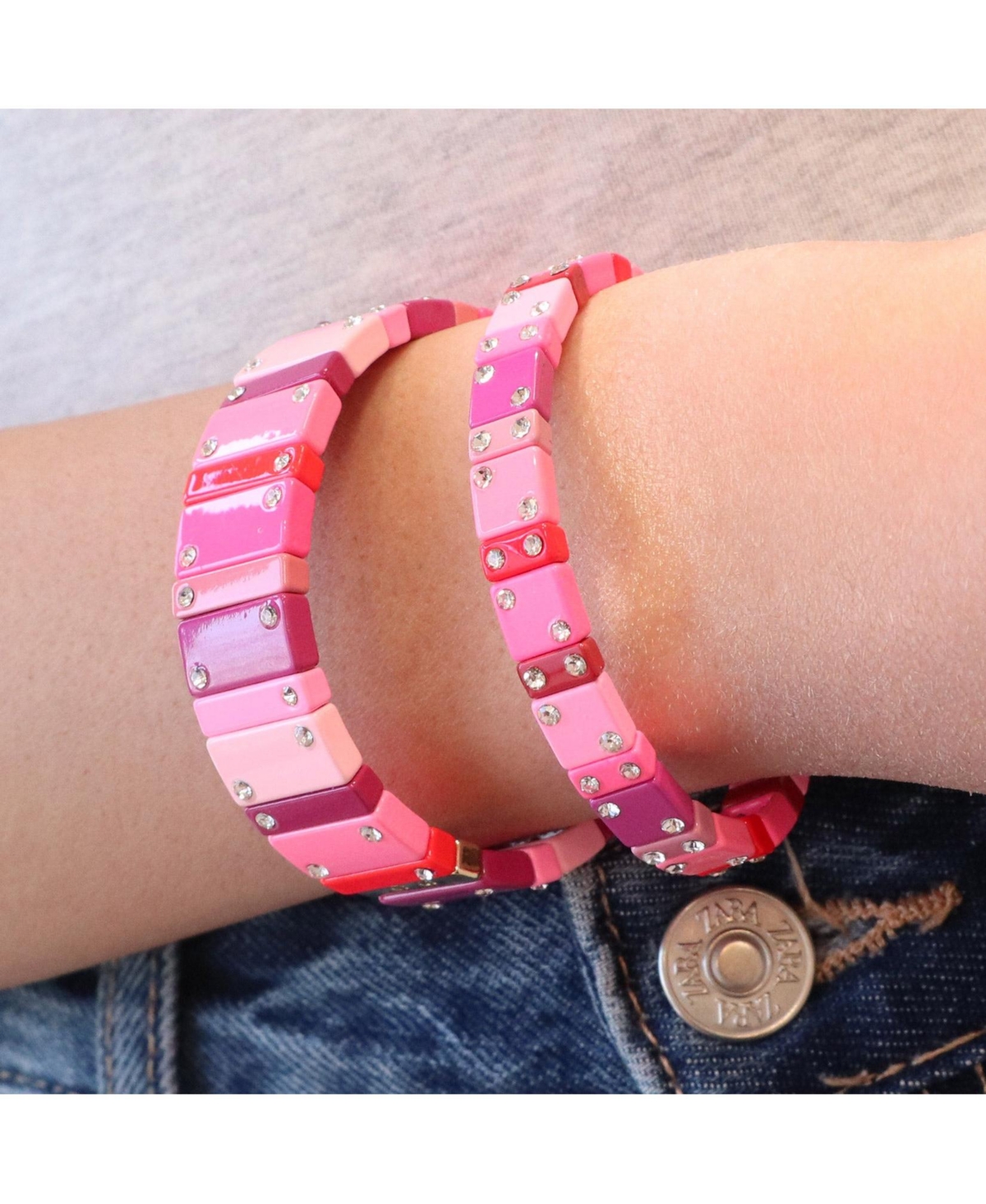 The Lovery Hot Pink Domino Stretch Bracelet 14K Gold-Plated Over Brass 16 millimeters
