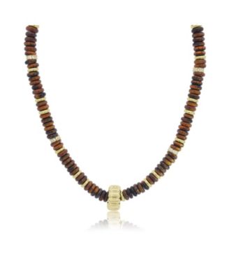 Tigers Eye Bead Rondel Necklace 18K Gold Plated Over Brass