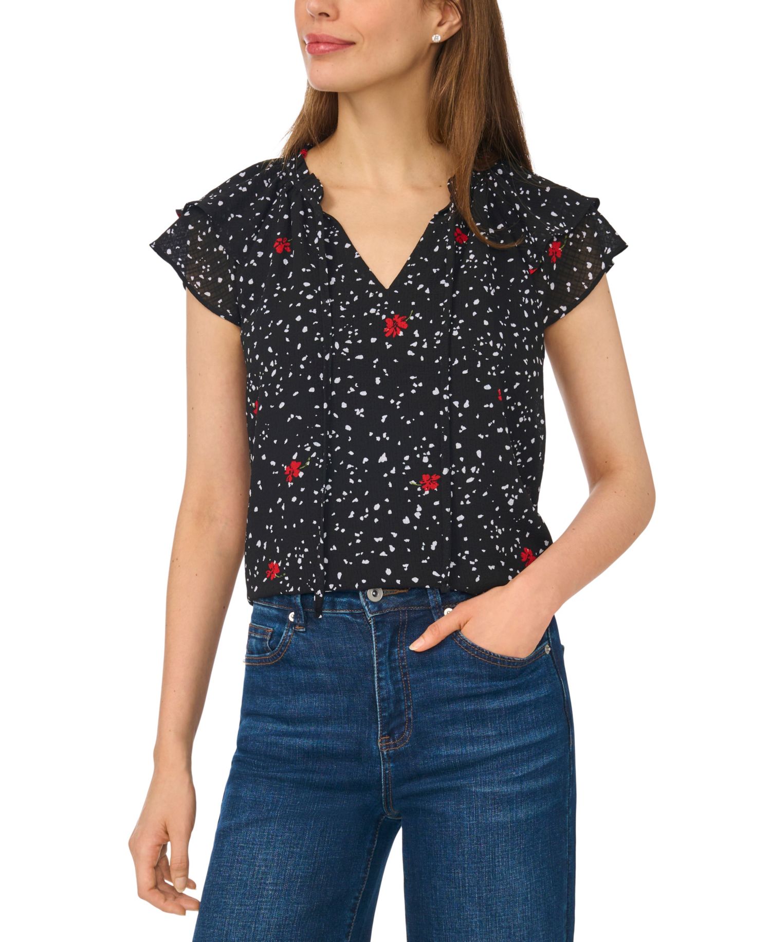 Women's Printed Flutter-Sleeve Tie Neck Top