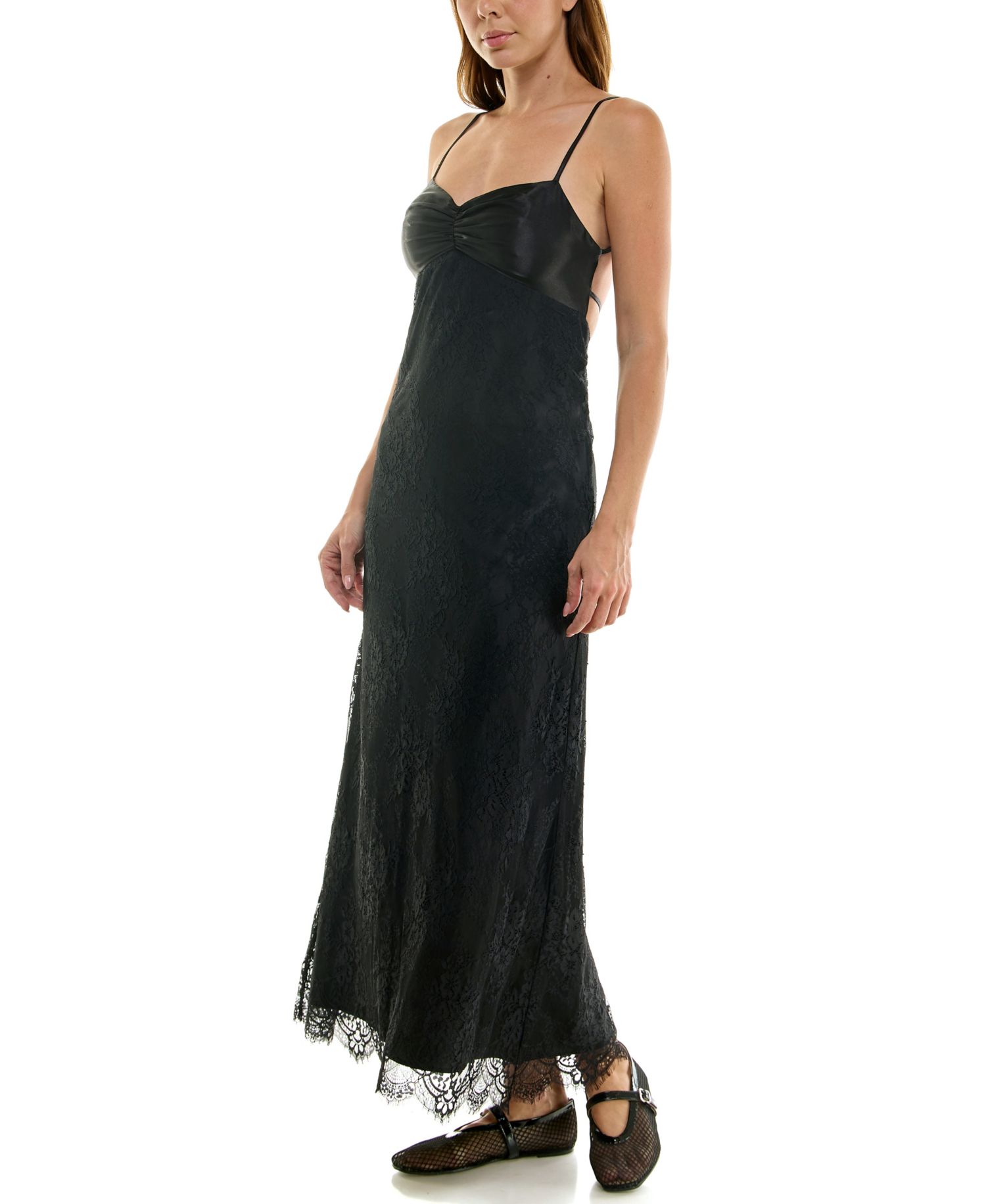 Juniors' Lace and Satin Maxi Slip Dress