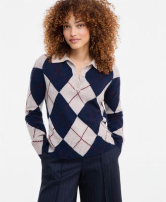 petite 100% Cashmere Argyle Oversized-Collar Sweater