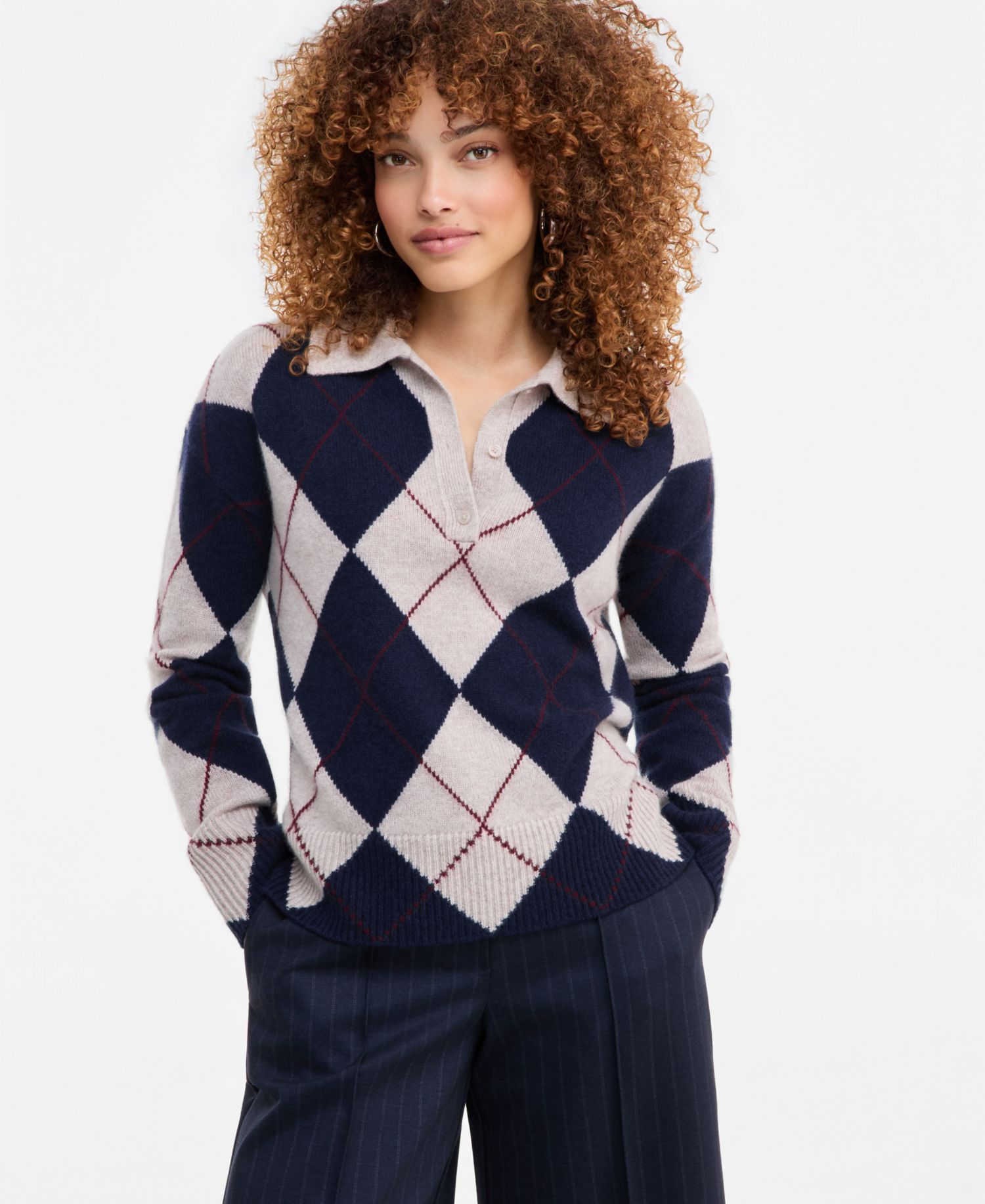 petite 100% Cashmere Argyle Oversized-Collar Sweater