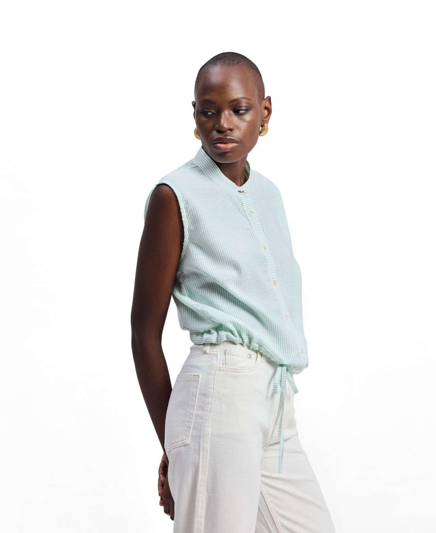 Women's Button-down Shirt with Waist Drawstring in Stripes