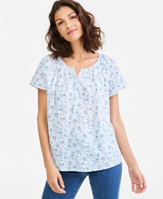 Petite Seersucker Floral Short-Flutter-Sleeve Blouse