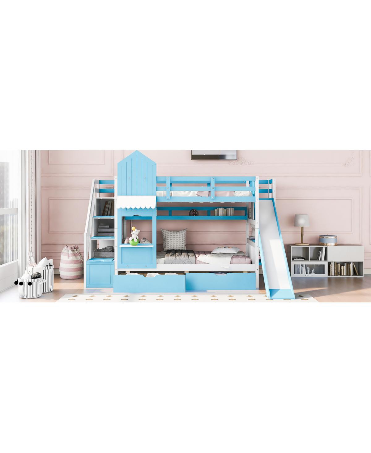 Streamdale Furniture Twin-Over-Twin Castle Style Bunk Bed with 2 Drawers 3 Shelves and Slide